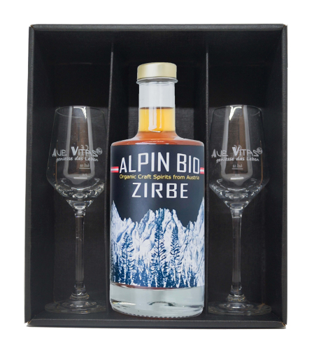 Geschenkbox mit Alpin Bio Zirbe 350ml, 32% & 2 Gläser